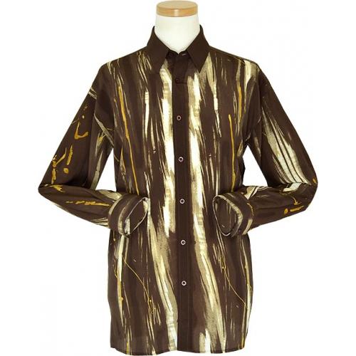 Bassiri Brown / Gold / White Artistic Design Microfiber Long Sleeves Shirt #4829